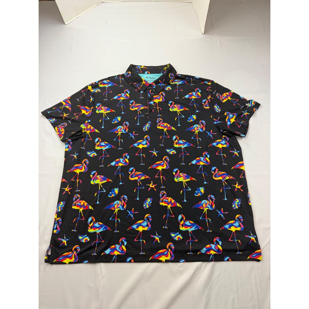Birdie Bound Polo Shirt Mens 3XL Black Flamingo Print Performance Golf Top